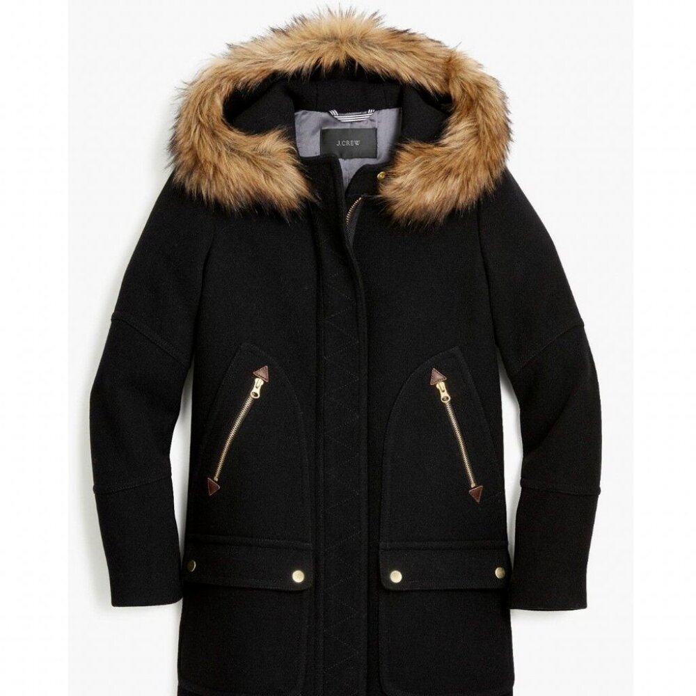 J. CREW Chateau Parka in Italian Stadium Cloth Wool Black Size 10
